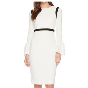 Calvin Klein Cream and Black Sheath Midi Dress with Bell Sleeves